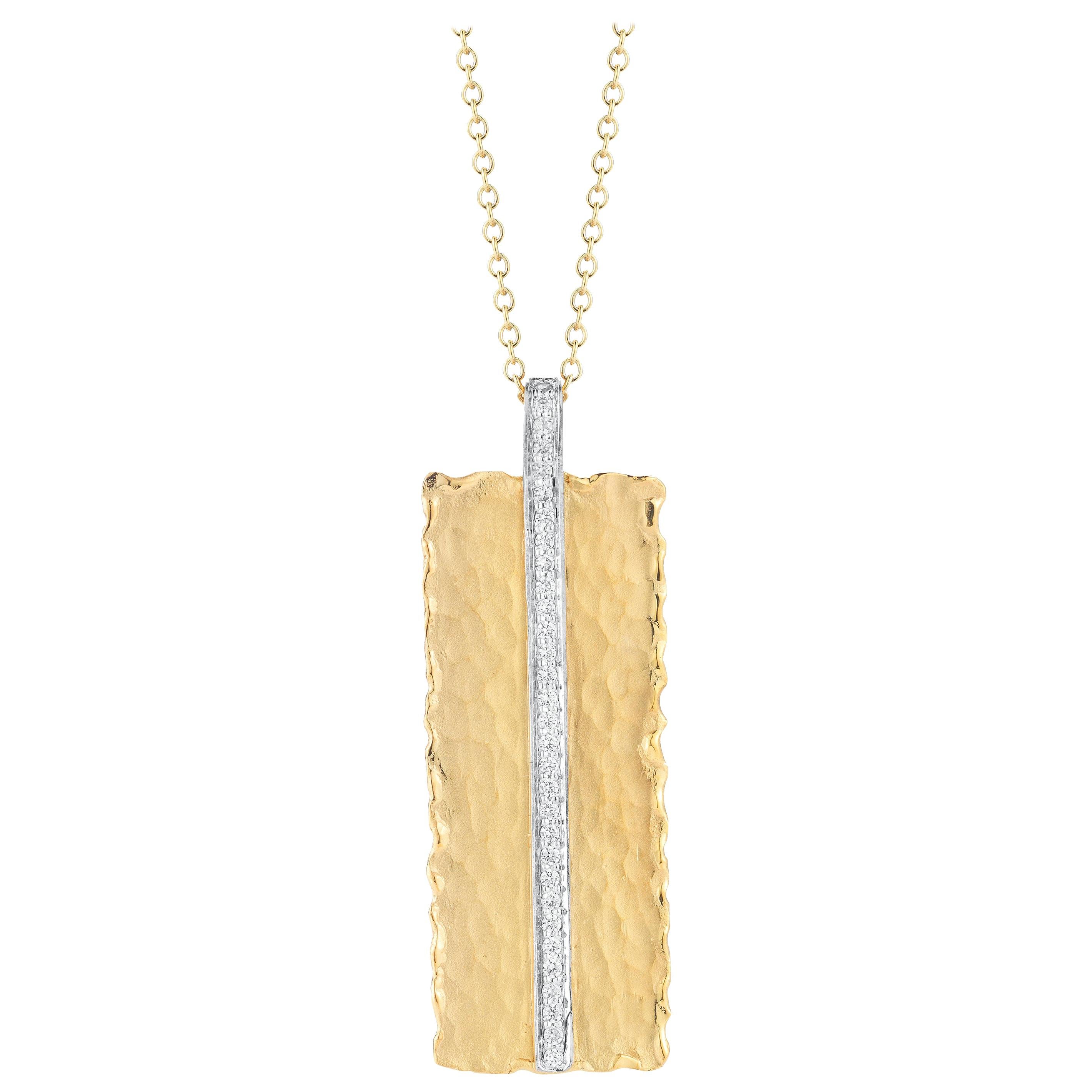 Handcrafted 14 Karat Yellow Gold Hammered Rectangular-Shaped Pendant