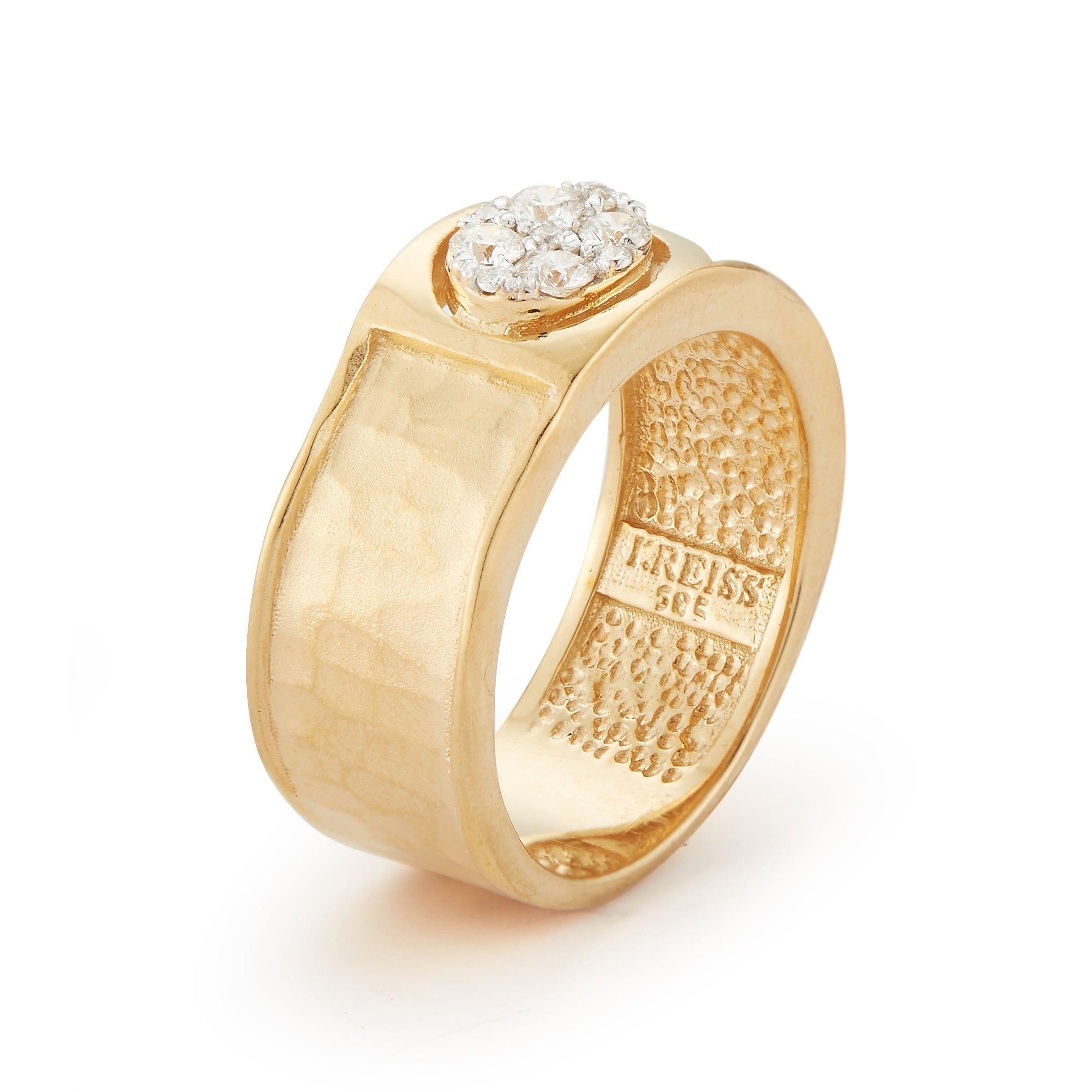 For Sale:  Handcrafted 14 Karat Yellow Gold Hammered Ring with an Oval Diamond Motif 2