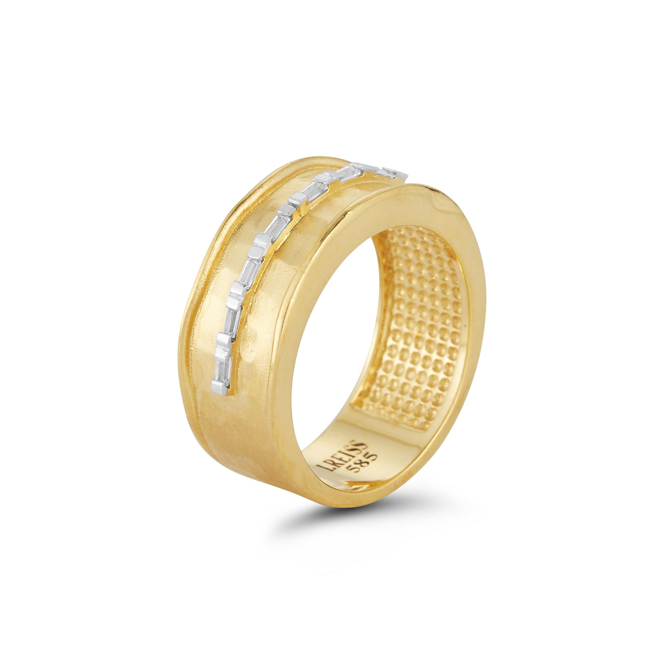 For Sale:  Handcrafted 14 Karat Yellow Gold Hammered Ring with Baguette Diamonds 3