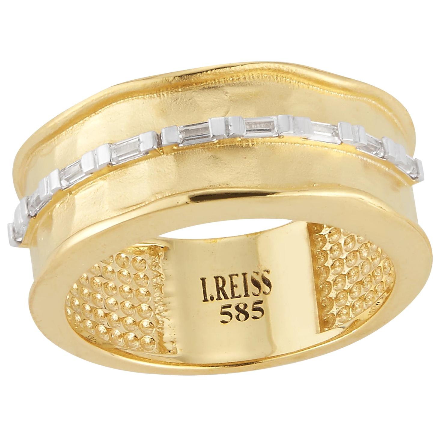 Handcrafted 14 Karat Yellow Gold Hammered Ring with Baguette Diamonds