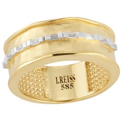 Handcrafted 14 Karat Yellow Gold Hammered Ring with Baguette Diamonds