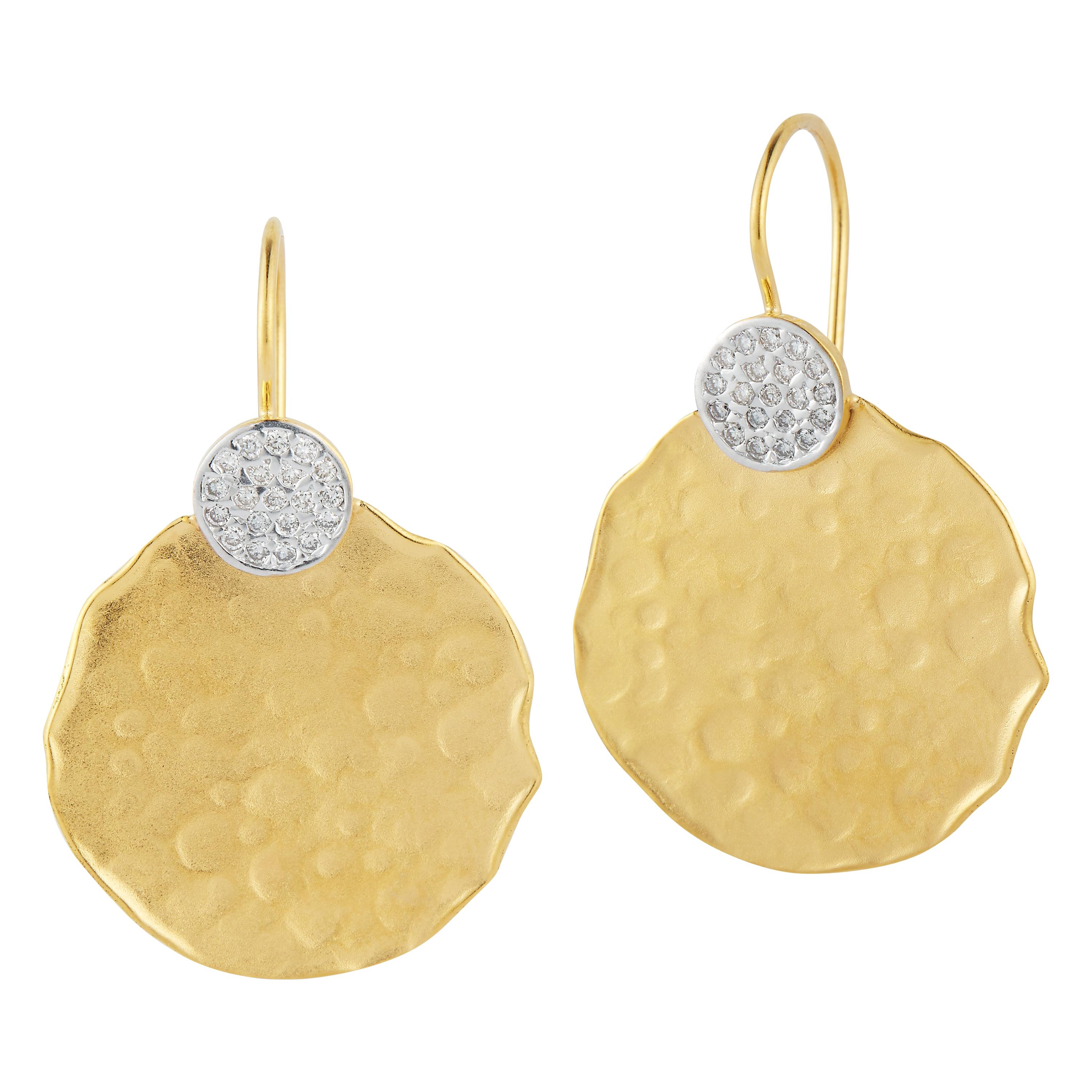 Handcrafted 14 Karat Yellow Gold Hammered Round-Shaped Earrings For Sale
