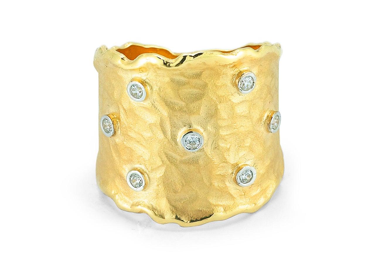 For Sale:  Handcrafted 14 Karat Yellow Gold Hammered Scattered Diamond Cigar Ring 2