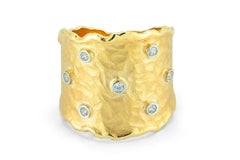 Handcrafted 14 Karat Yellow Gold Hammered Scattered Diamond Cigar Ring
