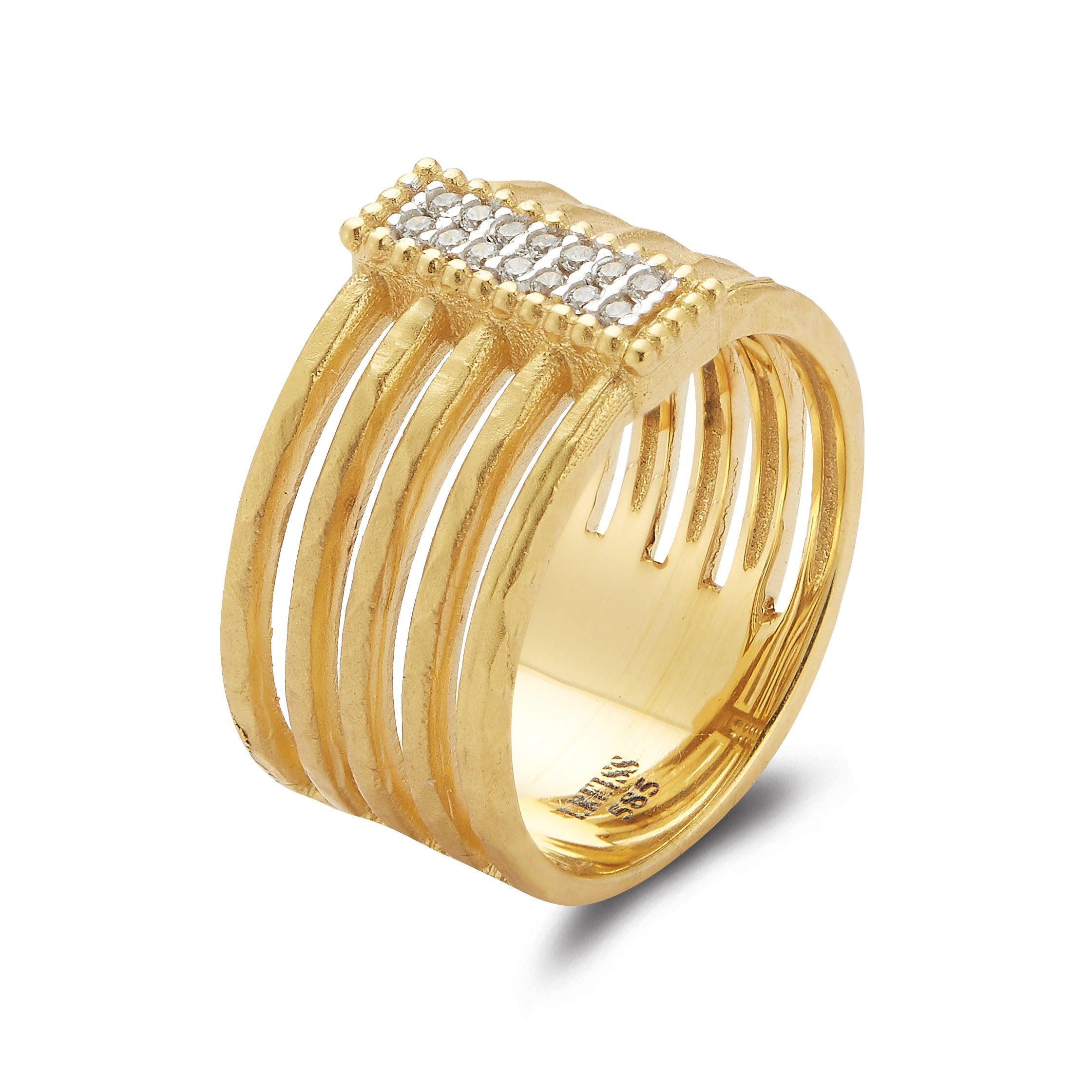 For Sale:  Handcrafted 14 Karat Yellow Gold Hammered Strand Ring with a Rectangle Motif 2