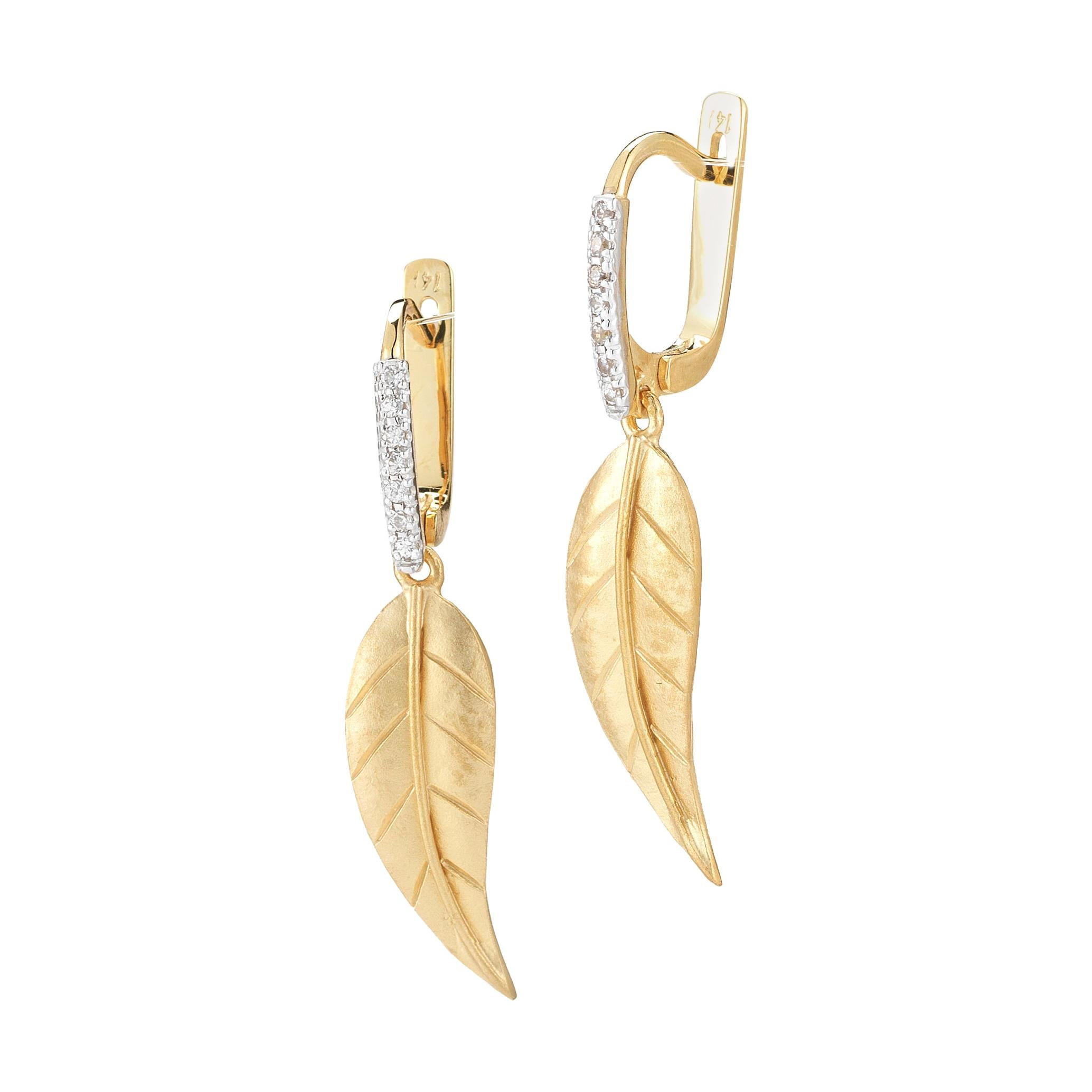Handcrafted 14 Karat Yellow Gold Matte-Finish Dangling Leaf Earrings For Sale