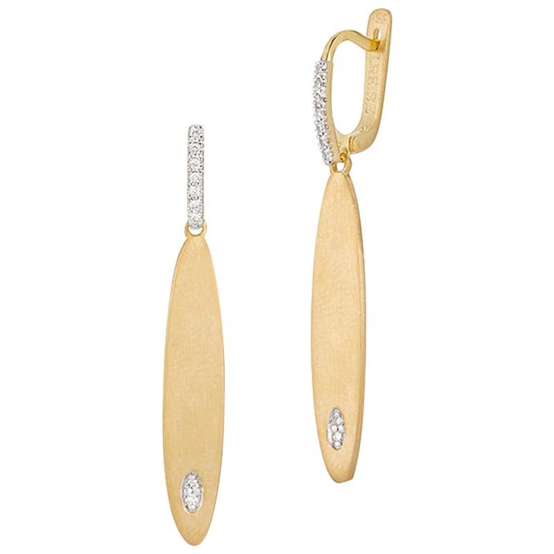 Handcrafted 14 Karat Yellow Gold Narrow Oval-Shaped Dangling Earrings For Sale