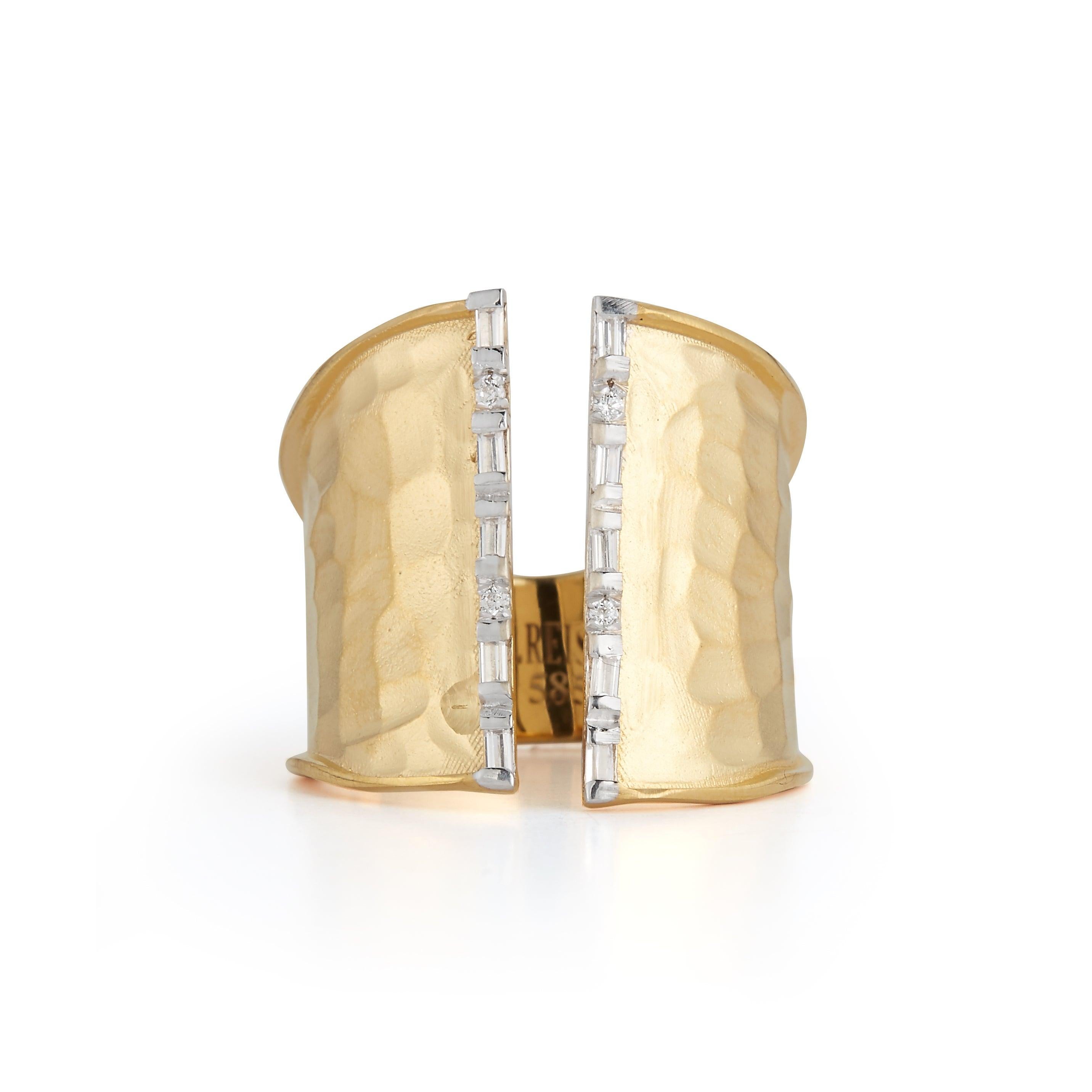 For Sale:  Handcrafted 14 Karat Yellow Gold Open Cuff Ring Set with Baguette Diamonds 2