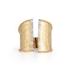 Handcrafted 14 Karat Yellow Gold Open Cuff Ring Set with Baguette Diamonds