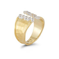 Handcrafted 14 Karat Yellow Gold Open Cuff Ring Set with Baguette Diamonds