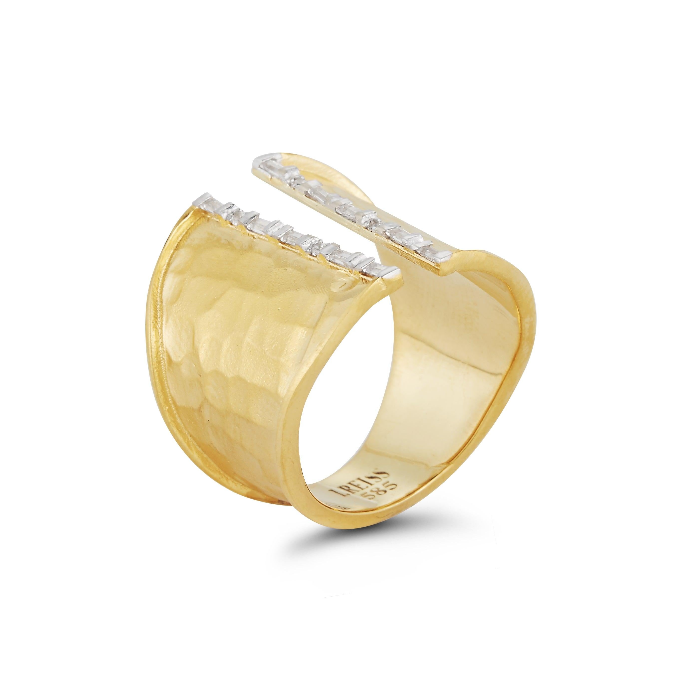 For Sale:  Handcrafted 14 Karat Yellow Gold Open Cuff Ring Set with Baguette Diamonds 3