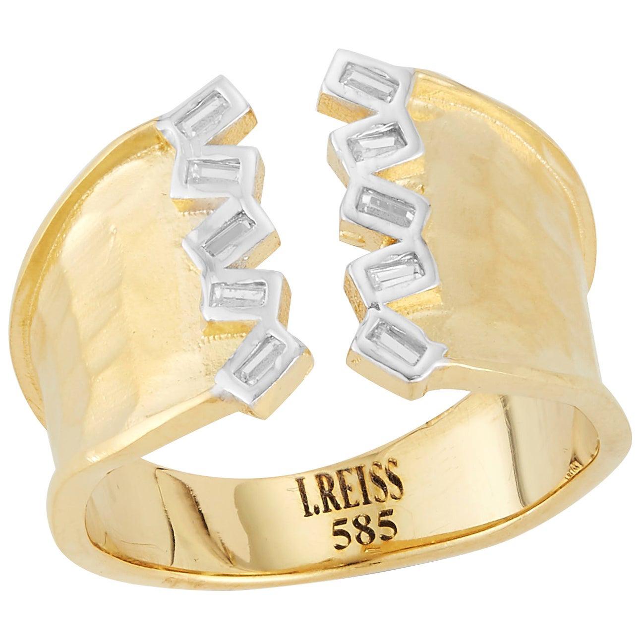 For Sale:  Handcrafted 14 Karat Yellow Gold Open Cuff Ring Set with Baguette Diamonds