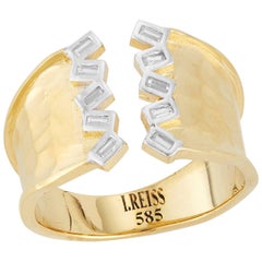 Handcrafted 14 Karat Yellow Gold Open Cuff Ring Set with Baguette Diamonds
