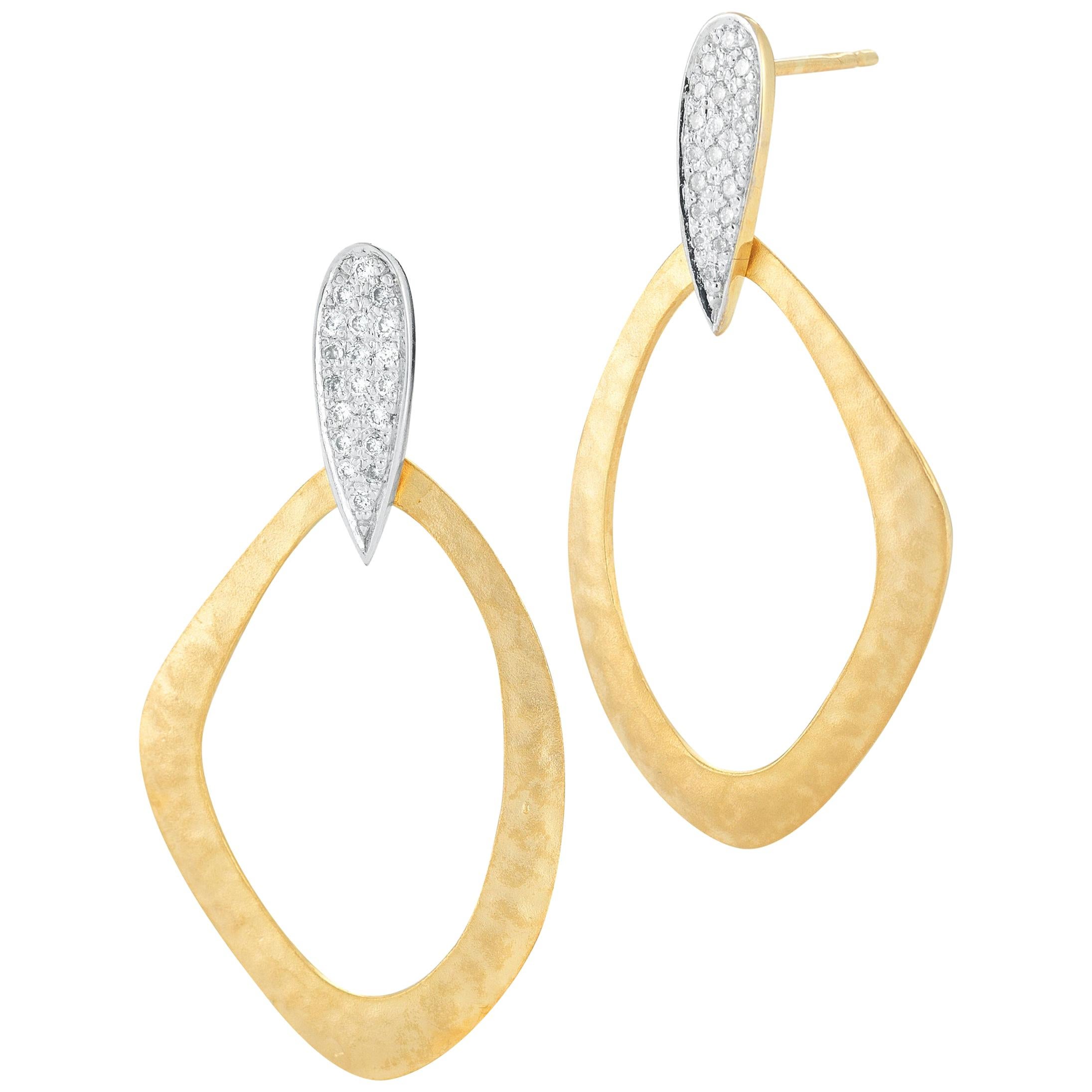 Handcrafted 14 Karat Yellow Gold Open Freeform Hammered Earrings For Sale