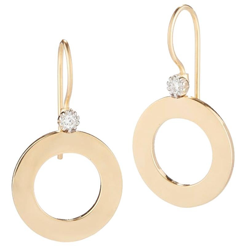 Handcrafted 14 Karat Yellow Gold Polish-Finished Open Circle Earrings For Sale