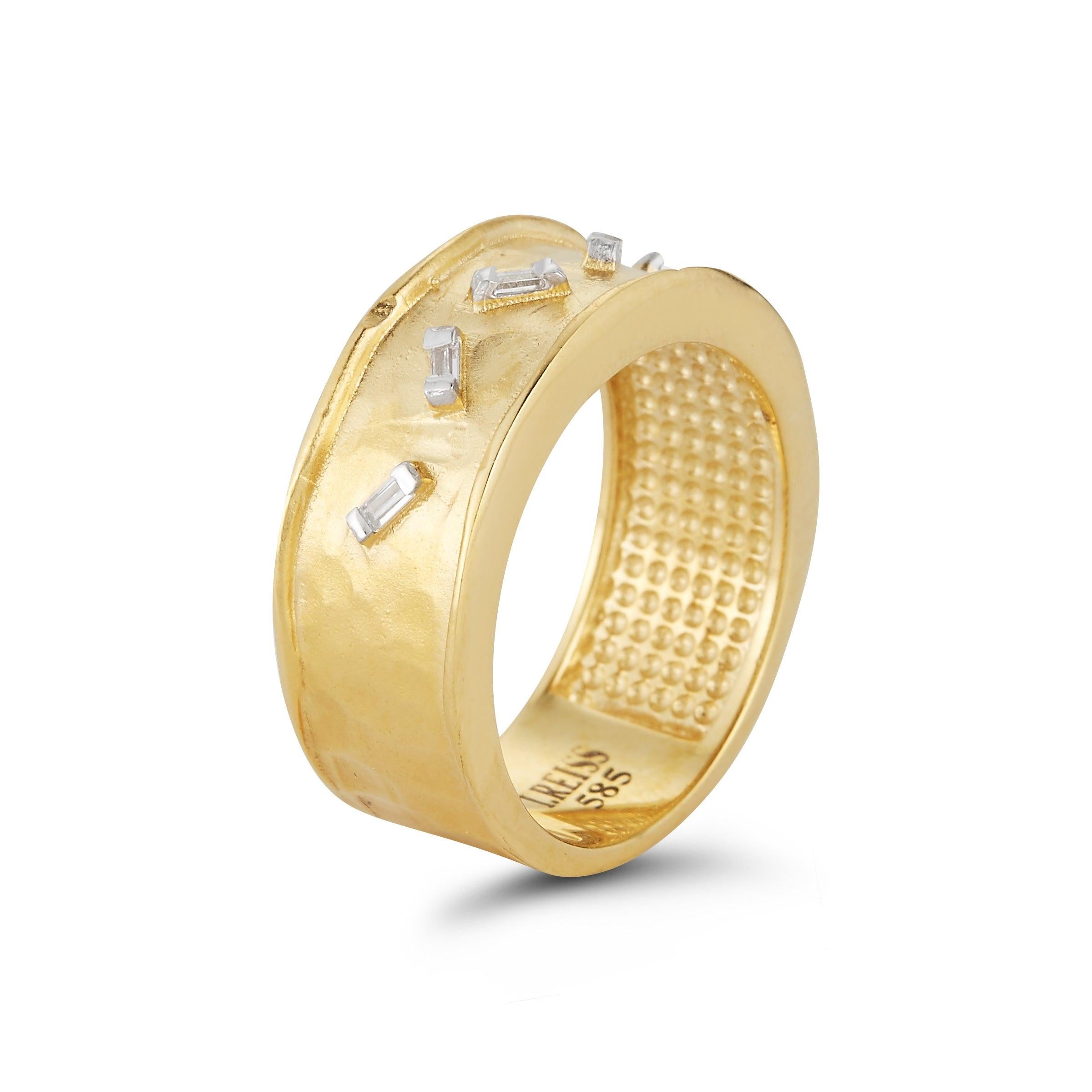 For Sale:  Handcrafted 14 Karat Yellow Gold Ring Set with Scattered Baguette Diamonds 2