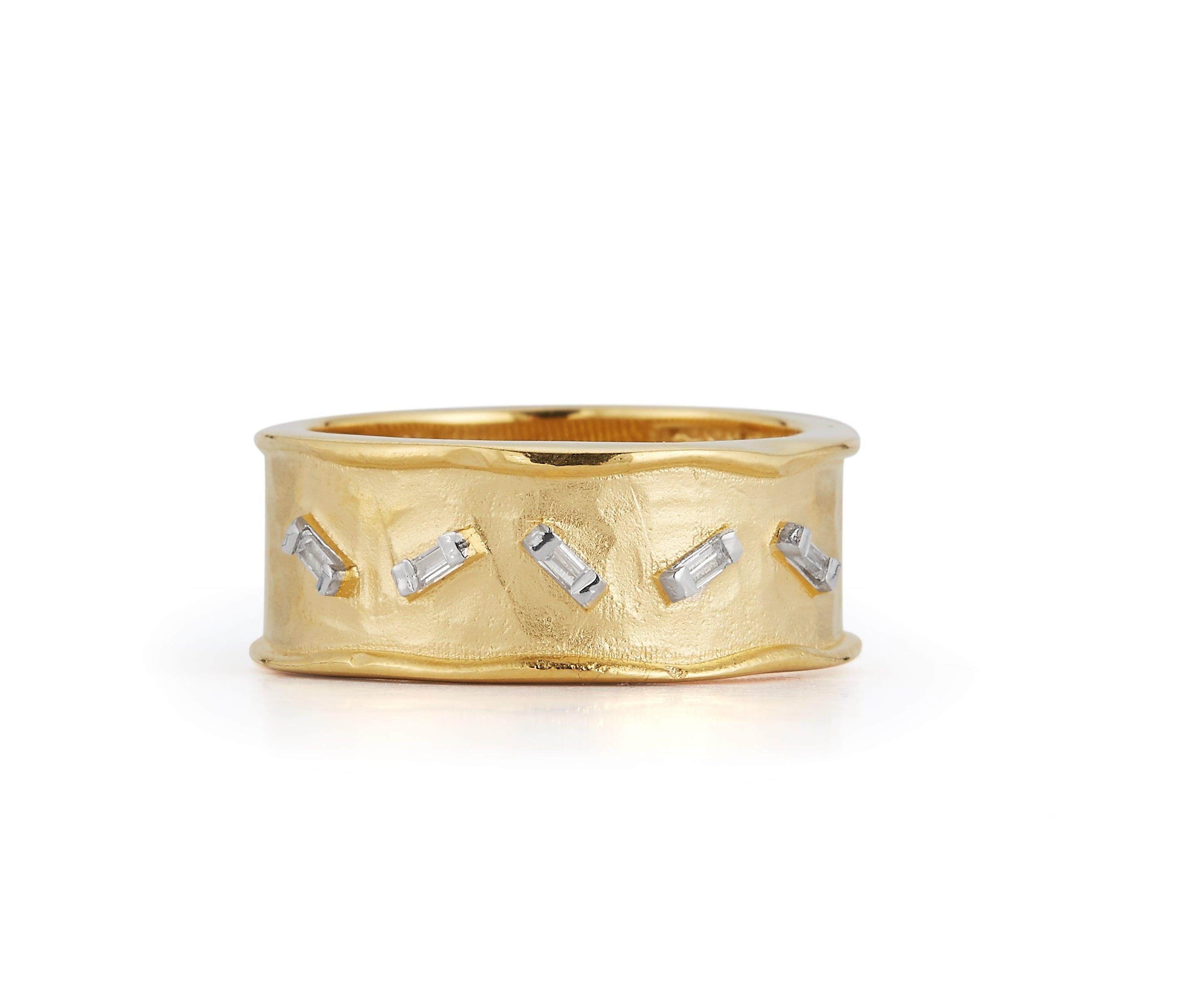 For Sale:  Handcrafted 14 Karat Yellow Gold Ring Set with Scattered Baguette Diamonds 3