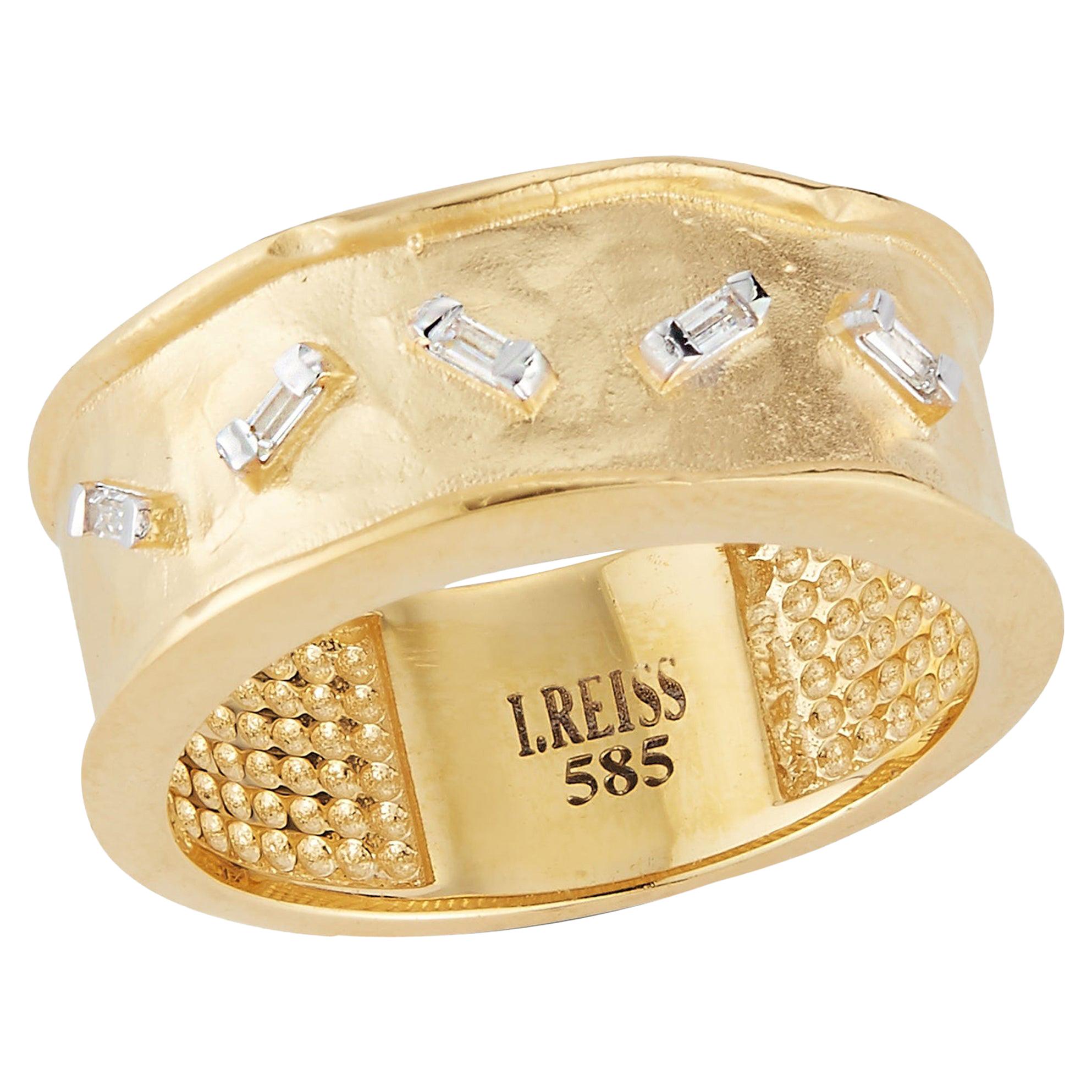 Handcrafted 14 Karat Yellow Gold Ring Set with Scattered Baguette Diamonds