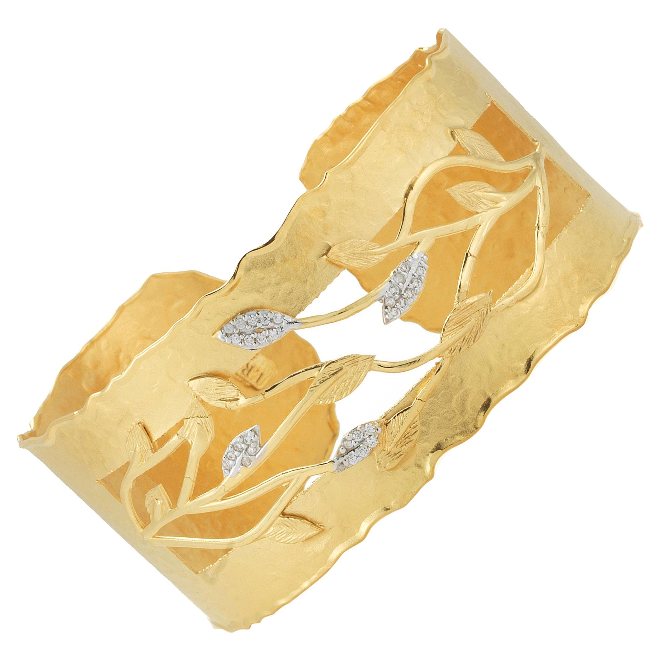 Handcrafted 14 Karat Yellow Gold Vine Leaf Cuff Bracelet For Sale