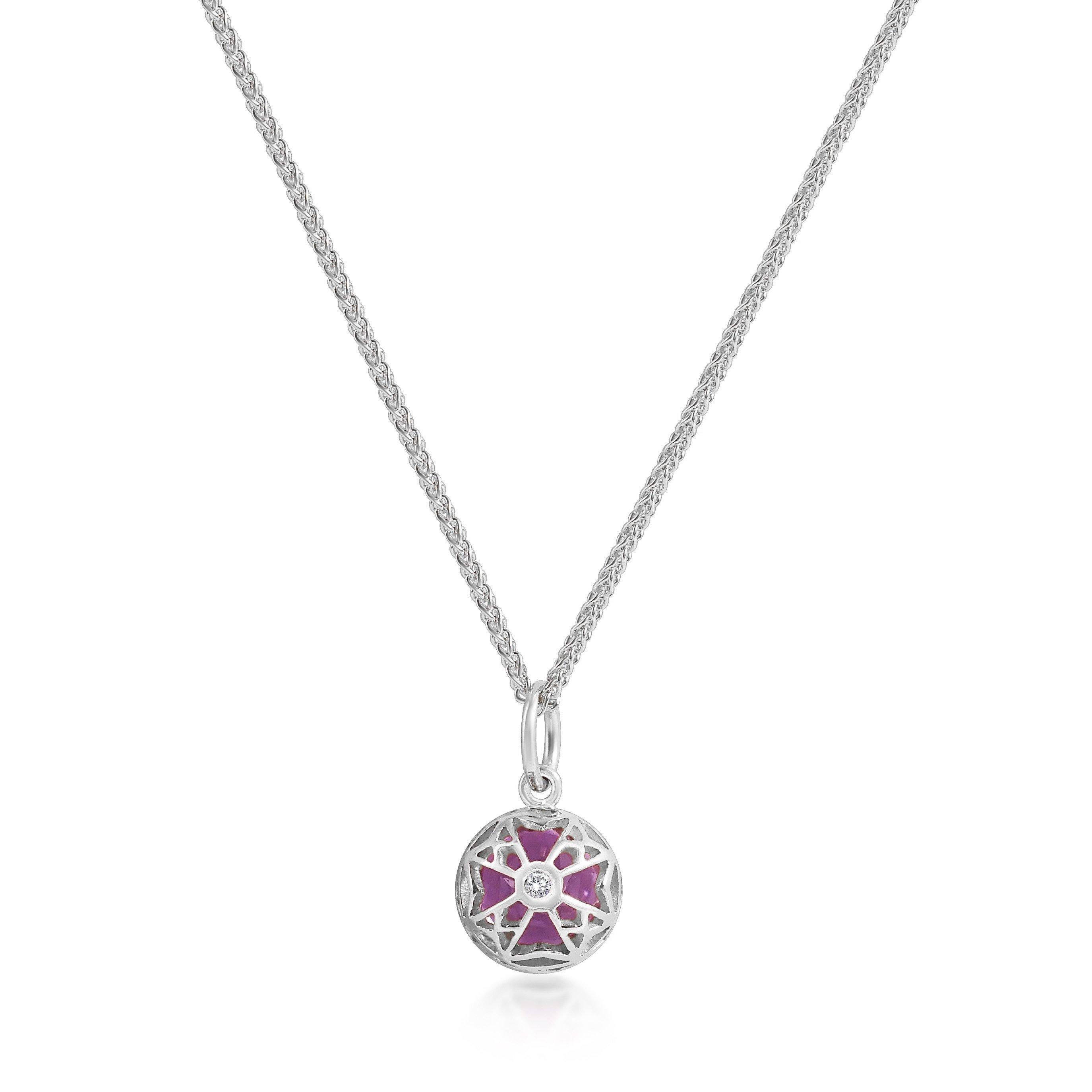 Handcrafted 1.20 Carats Amethyst 18 Karat White Gold Pendant Necklace. The 7mm natural stone is set in our iconic hand pierced gold lace to let the light through. Our pendants are the ideal gift. 

Here presented on our finely knitted gold chains.