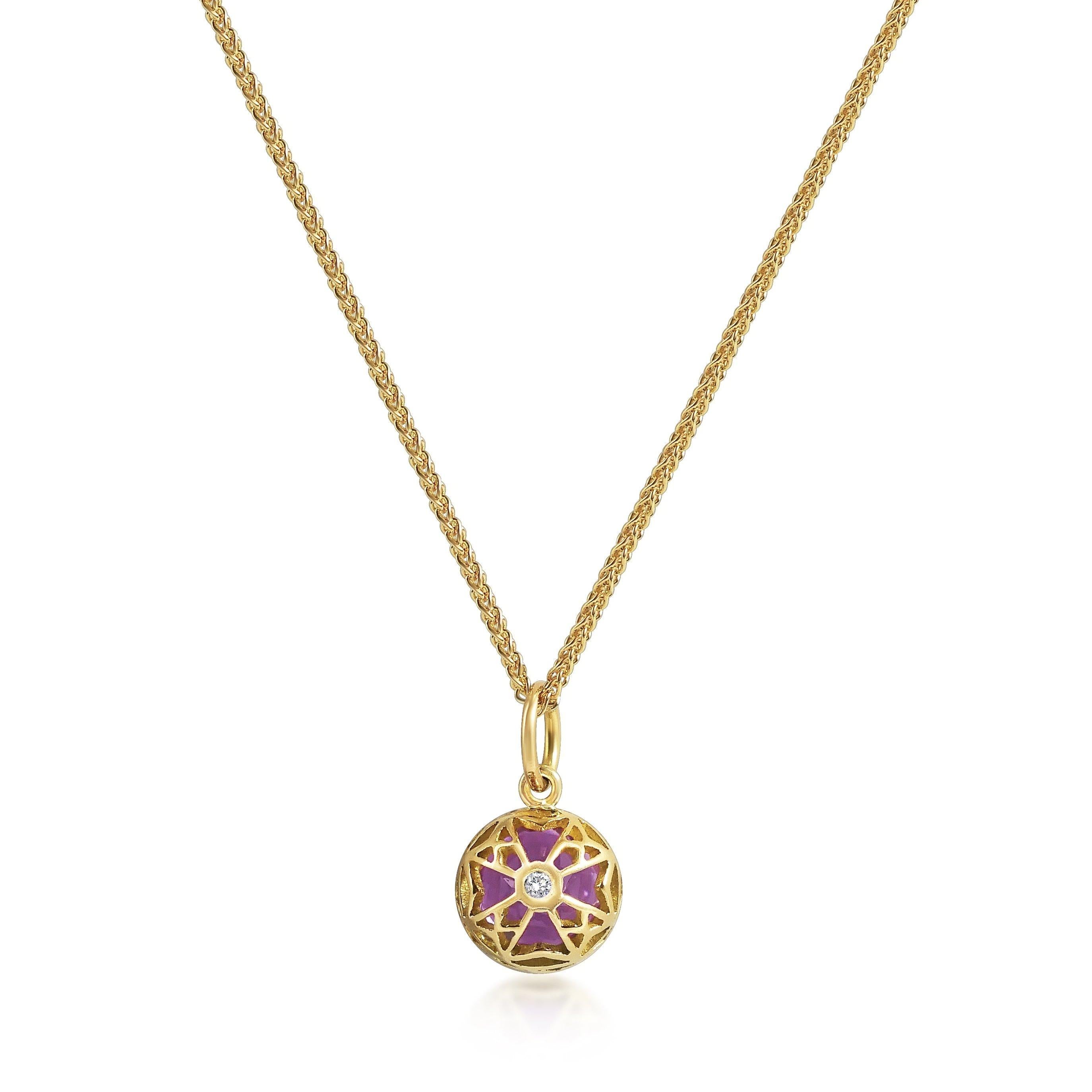 Handcrafted 1.20 Carats Amethyst 18 Karat Yellow Gold Pendant Necklace. The 7mm natural stone is set in our iconic hand pierced gold lace to let the light through. Our pendants are the ideal gift. 

Here presented on our finely knitted gold chains.