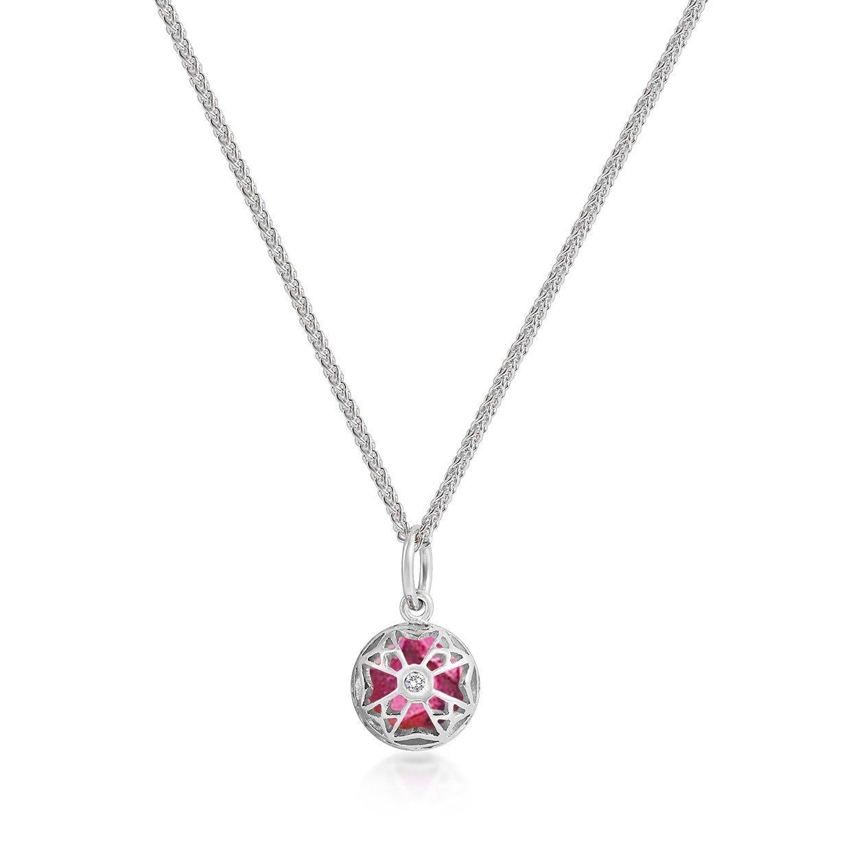 Handcrafted 1.30 Carats Pink Tourmaline 18 Karat White Gold Pendant Necklace. The 7mm natural stone is set in our iconic hand pierced gold lace to let the light through. Our pendants are the ideal gift. 

Here presented on our finely knitted gold