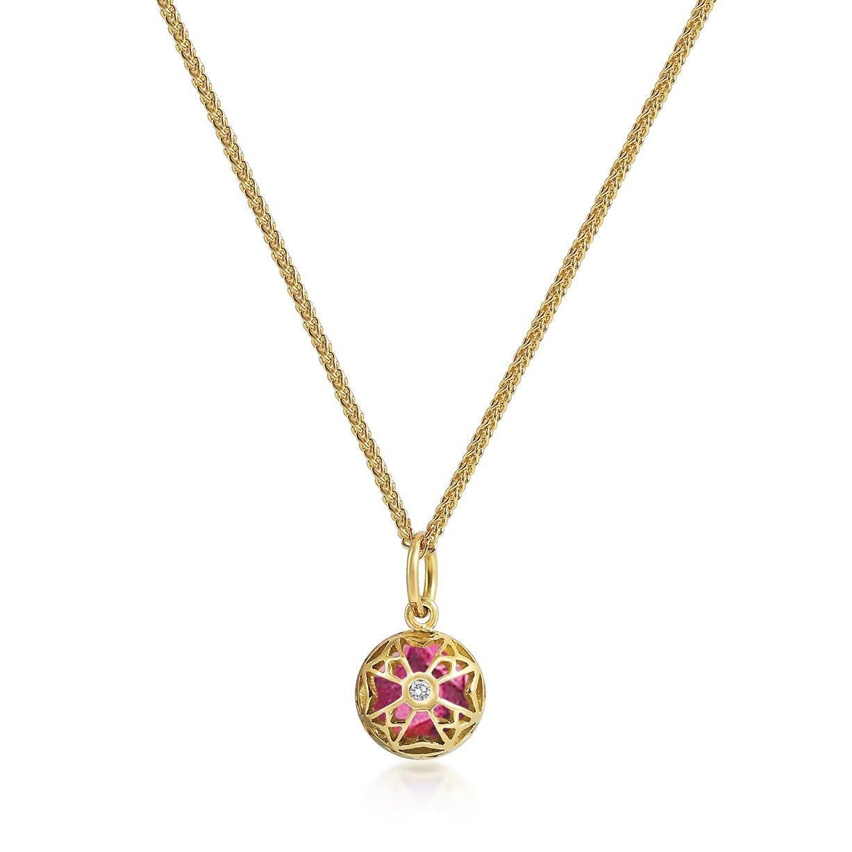 Handcrafted 1.30 Carats Pink Tourmaline 18 Karat Yellow Gold Pendant Necklace. The 7mm natural stone is set in our iconic hand pierced gold lace to let the light through. Our pendants are the ideal gift. 

Here presented on our finely knitted gold