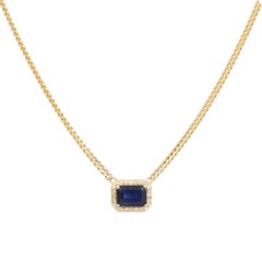 Handcrafted 14K Solid Yellow Gold Blue Sapphire & Diamond Halo Pendant Necklace