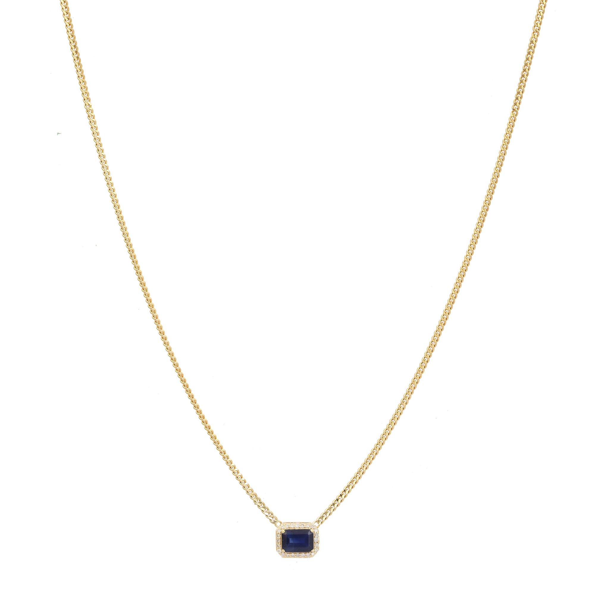 Octagon Cut Handcrafted 14K Solid Yellow Gold Blue Sapphire & Diamond Halo Pendant Necklace For Sale