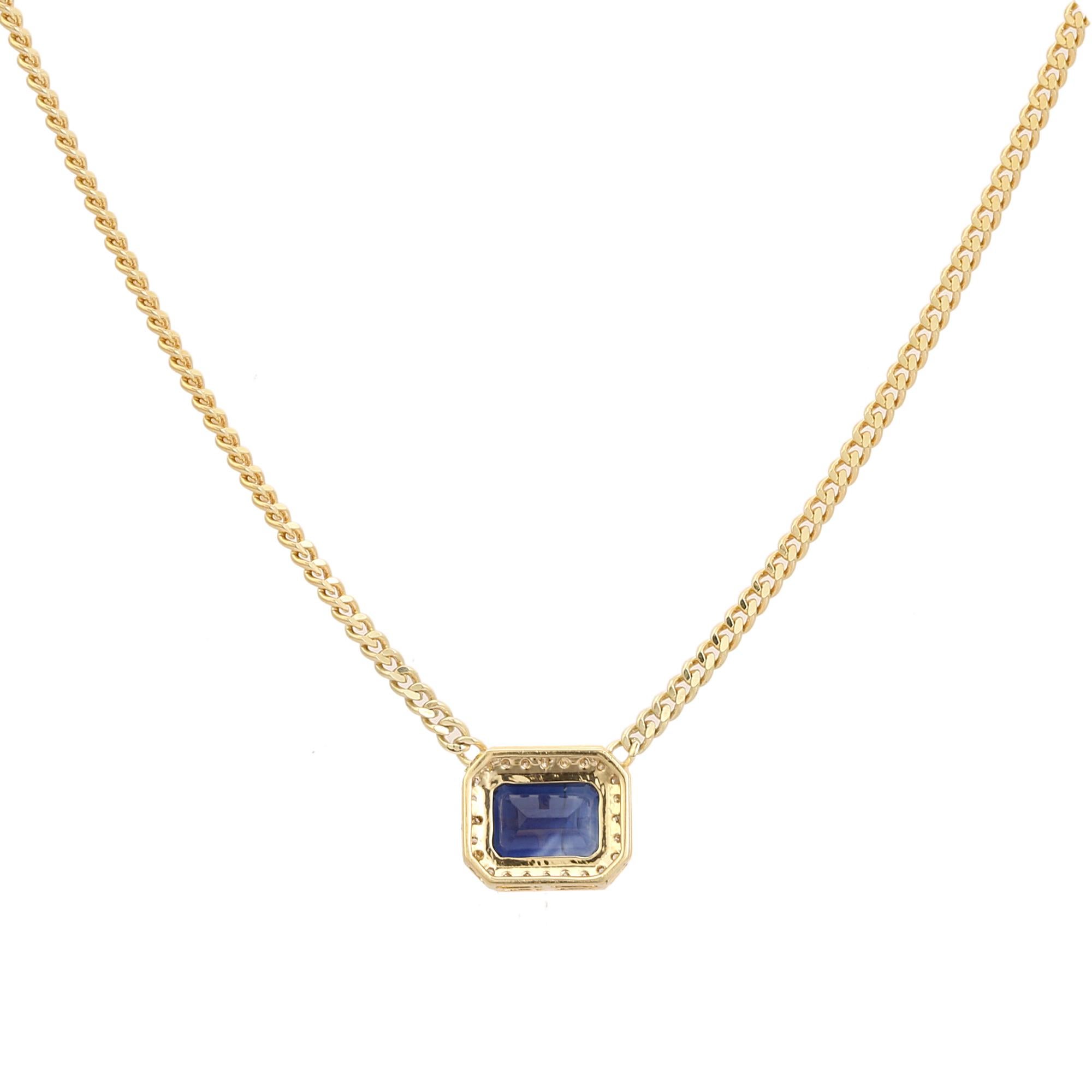 Handcrafted 14K Solid Yellow Gold Blue Sapphire & Diamond Halo Pendant Necklace In New Condition For Sale In New York, NY