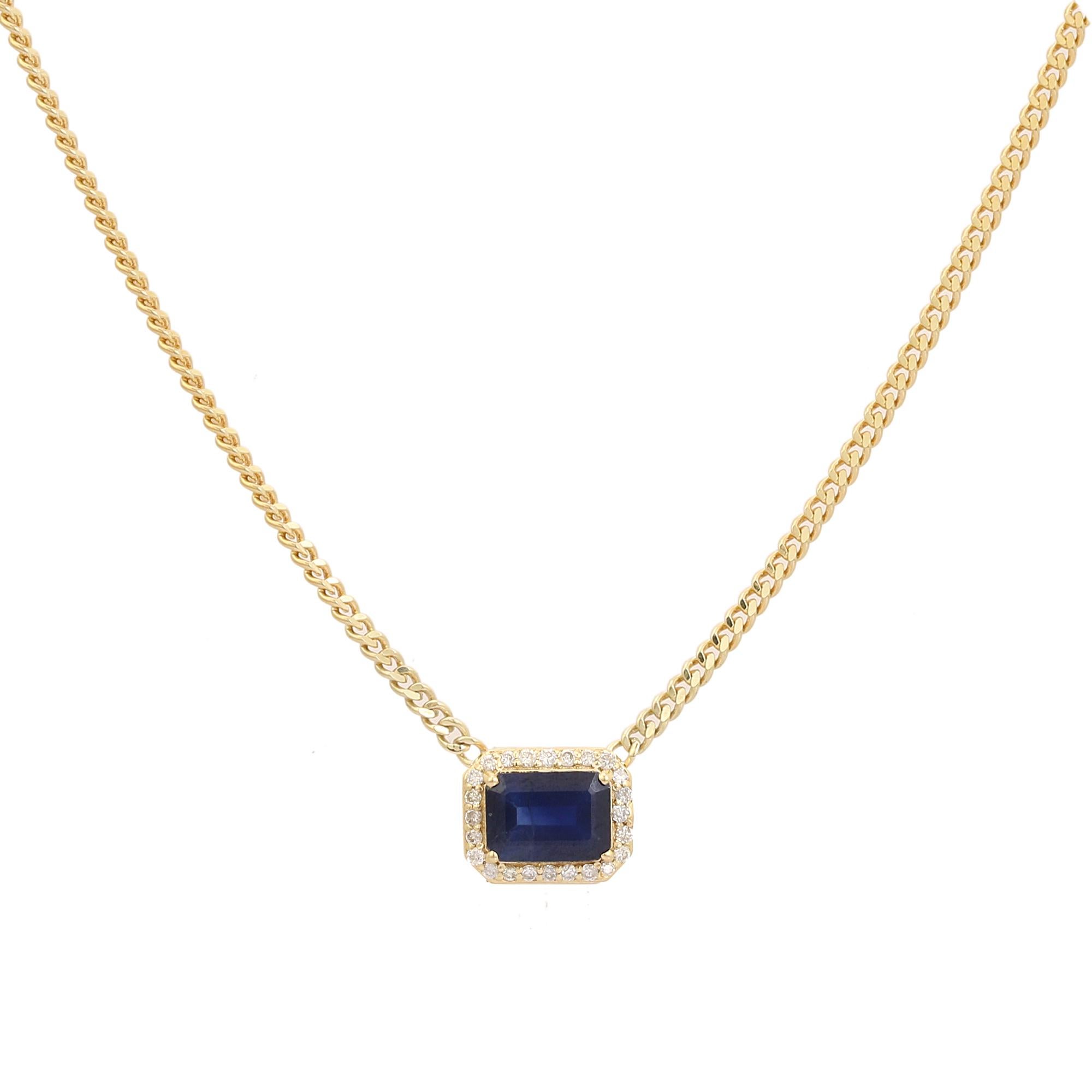 Women's Handcrafted 14K Solid Yellow Gold Blue Sapphire & Diamond Halo Pendant Necklace For Sale