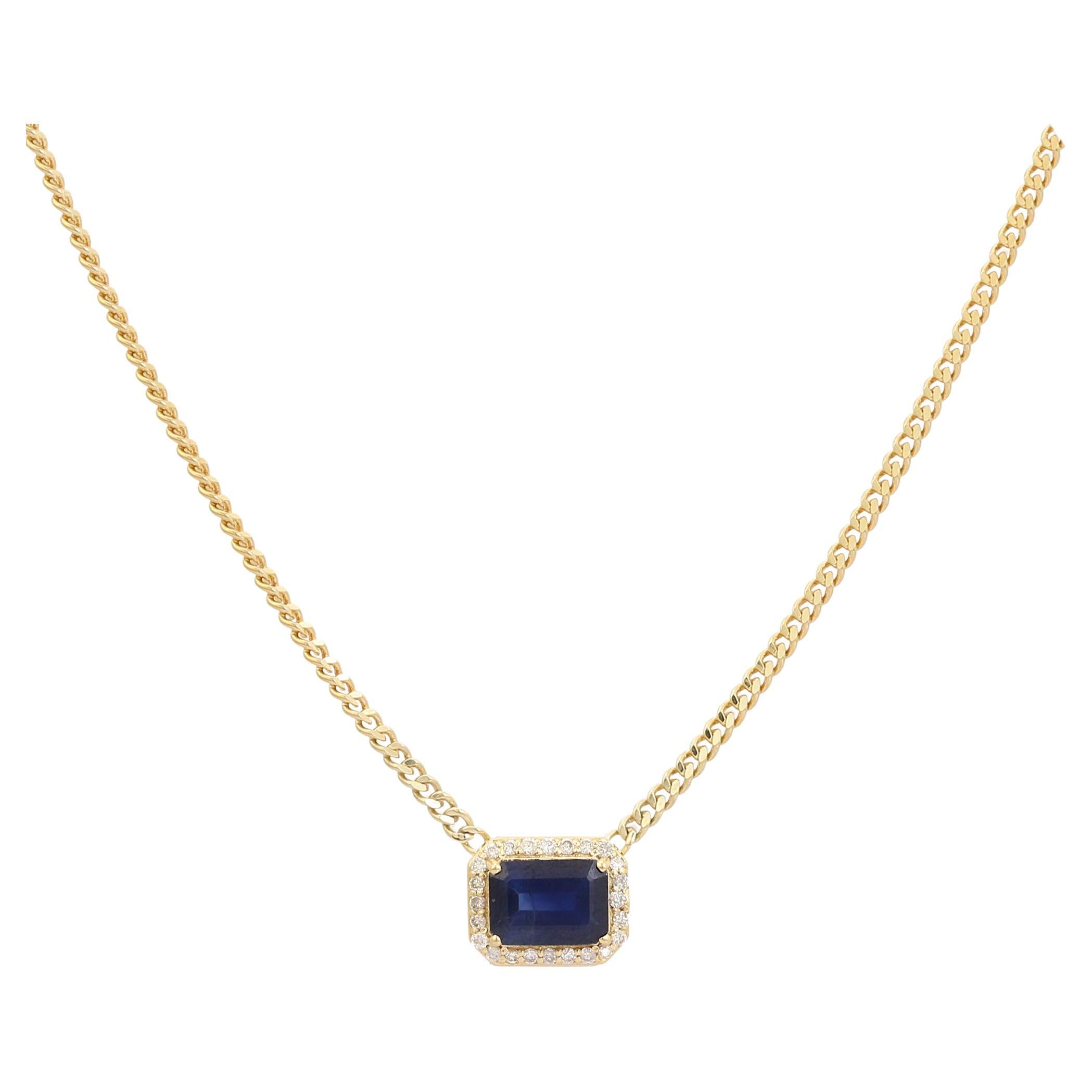 Handcrafted 14K Solid Yellow Gold Blue Sapphire & Diamond Halo Pendant Necklace For Sale