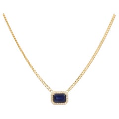 Handcrafted 14K Solid Yellow Gold Blue Sapphire & Diamond Halo Pendant Necklace