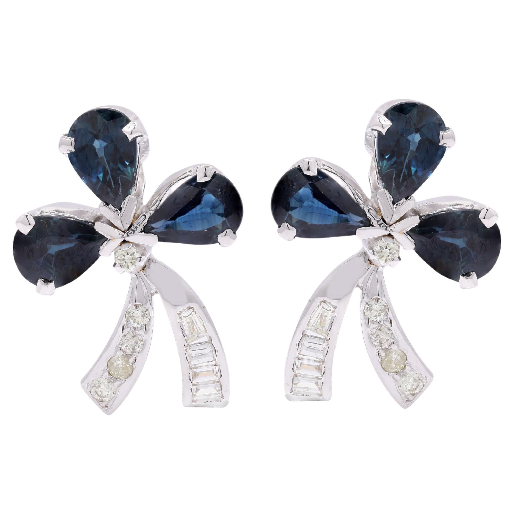 Handcrafted 14K White Gold Bow Earrings with 3.05 ct Blue Sapphire and Diamonds For Sale