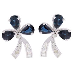Handcrafted 14K White Gold Bow Earrings with 3.05 ct Blue Sapphire and Diamonds
