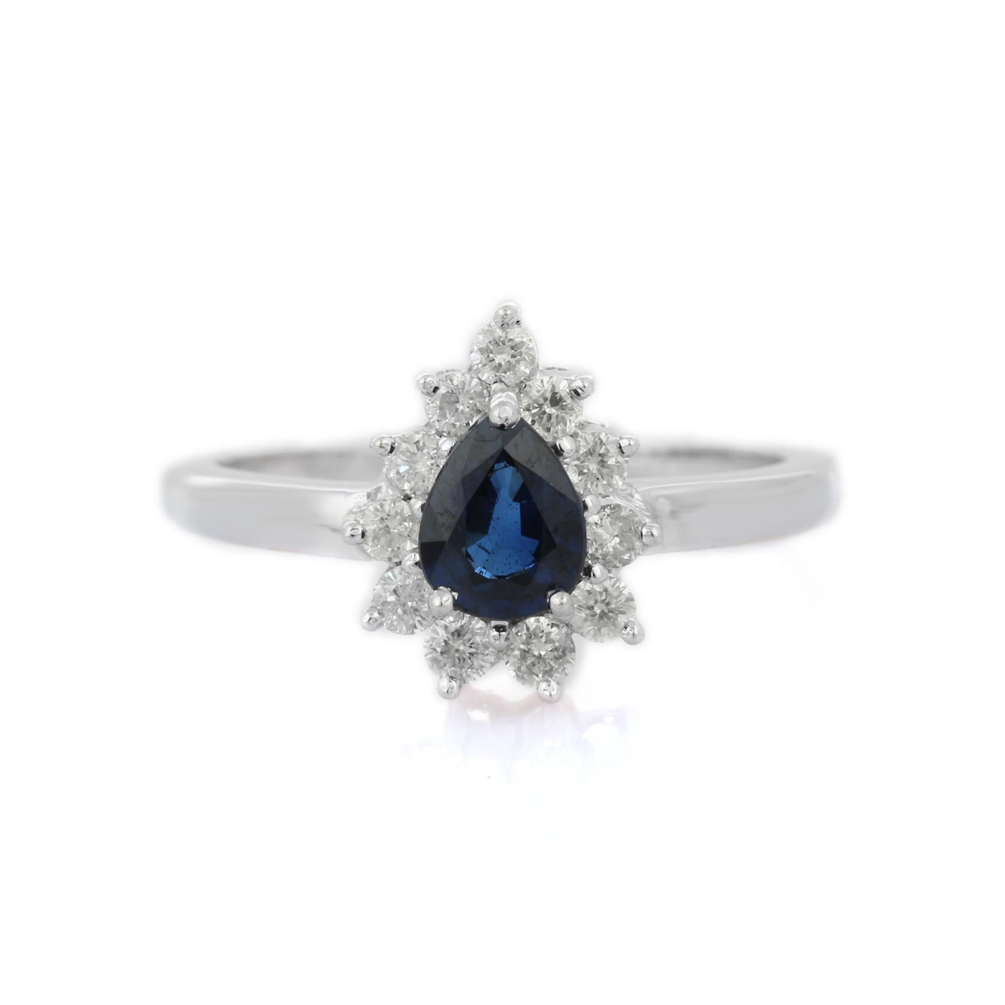 For Sale:  Handcrafted 14K White Gold Pear Cut Blue Sapphire and Halo Diamond Ring 2