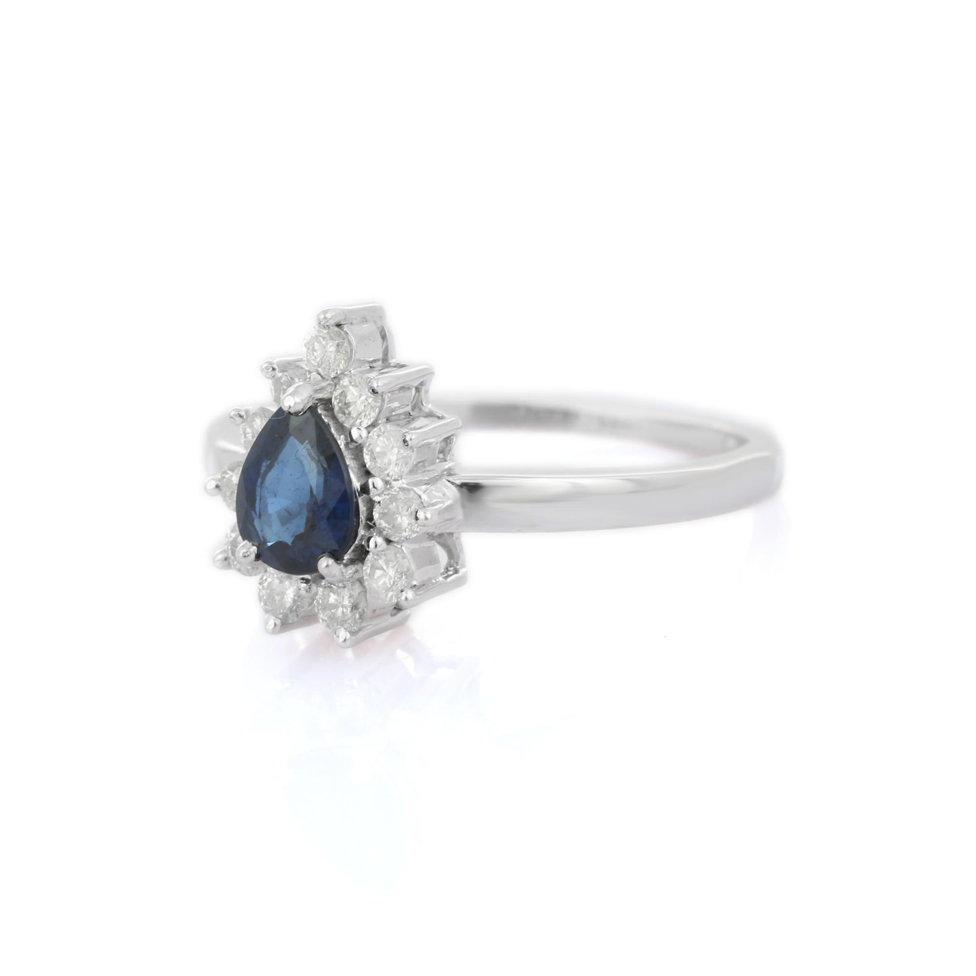 For Sale:  Handcrafted 14K White Gold Pear Cut Blue Sapphire and Halo Diamond Ring 3