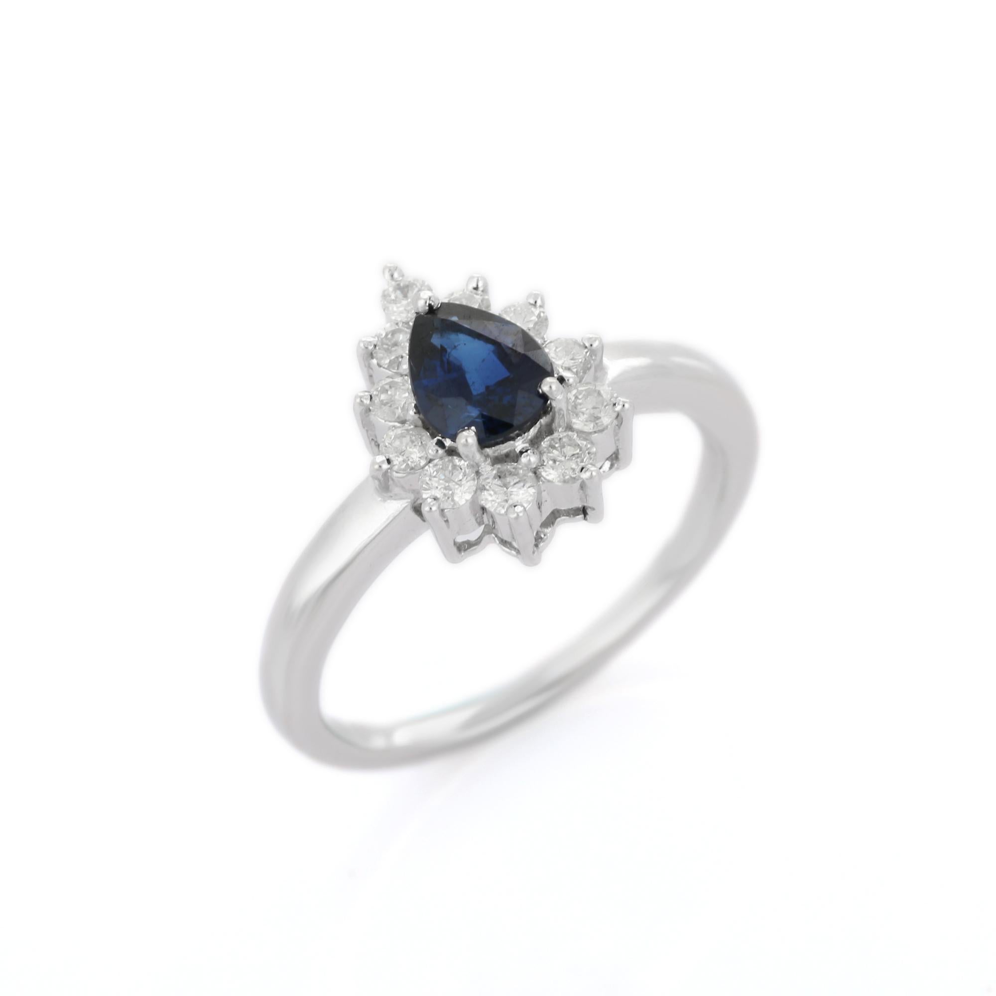 For Sale:  Handcrafted 14K White Gold Pear Cut Blue Sapphire and Halo Diamond Ring 5