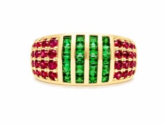 Handcrafted 14K Yellow Gold Emerald Ruby Dome Ring, 1 Ct Emerald Dome Ring