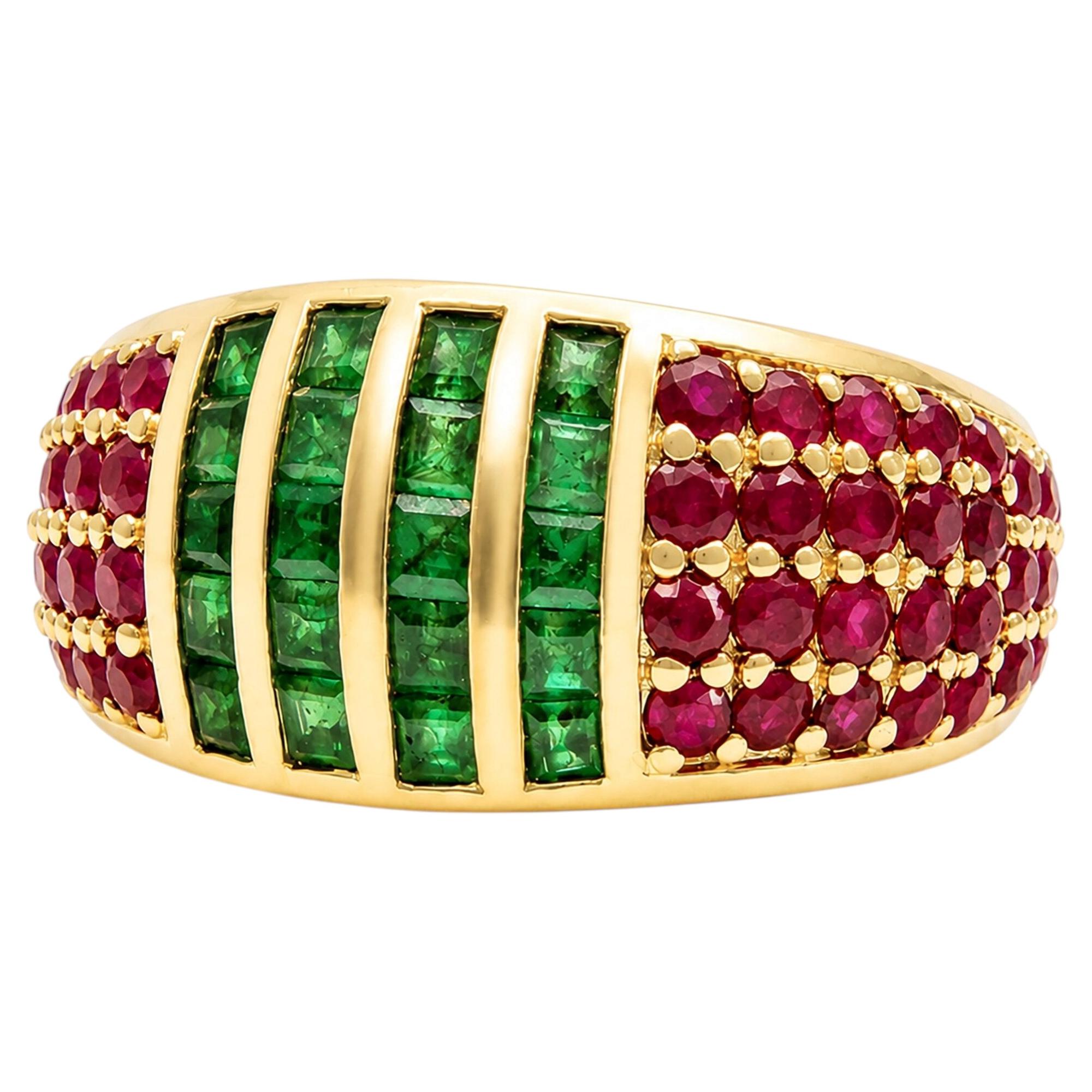 Handcrafted 14K Yellow Gold Emerald Ruby Dome Ring, 1 Ct Emerald Dome Ring