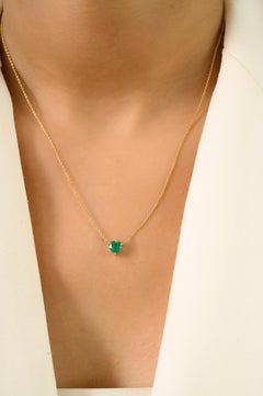 Handcrafted 14K Yellow Gold Heart Shape Emerald Pendant Necklace Girlfriend Gift