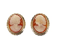 Handcrafted 14k Yellow Gold Italian Shell Cameo Stud Earrings, New