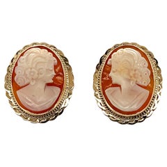 Handcrafted 14k Yellow Gold Italian Shell Cameo Stud Earrings, New