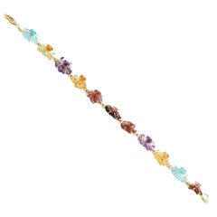 Handcrafted 14KT Gold Carved Multi-Gemstone Flower Bracelet