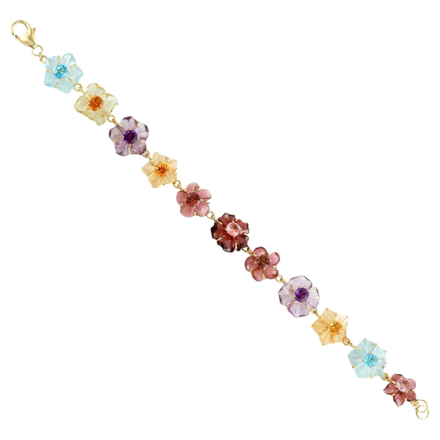Handgefertigtes 14KT Gold geschnitzt Multi-Edelstein-Blumen-Armband