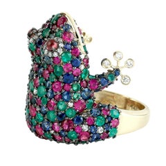 Handgefertigter 14KT Gold Multi-Edelstein Frosch Statement Ring