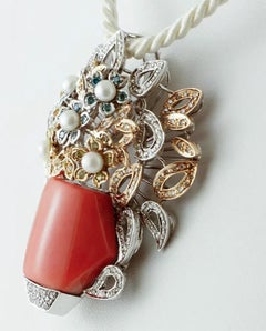 Handcrafted 14Kt White and Rose Gold Coral Diamonds Pearls Flower Basket Pendant