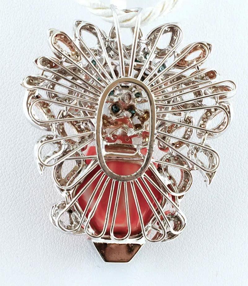 Retro Handcrafted 14Kt White and Rose Gold Coral Diamonds Pearls Flower Basket Pendant For Sale