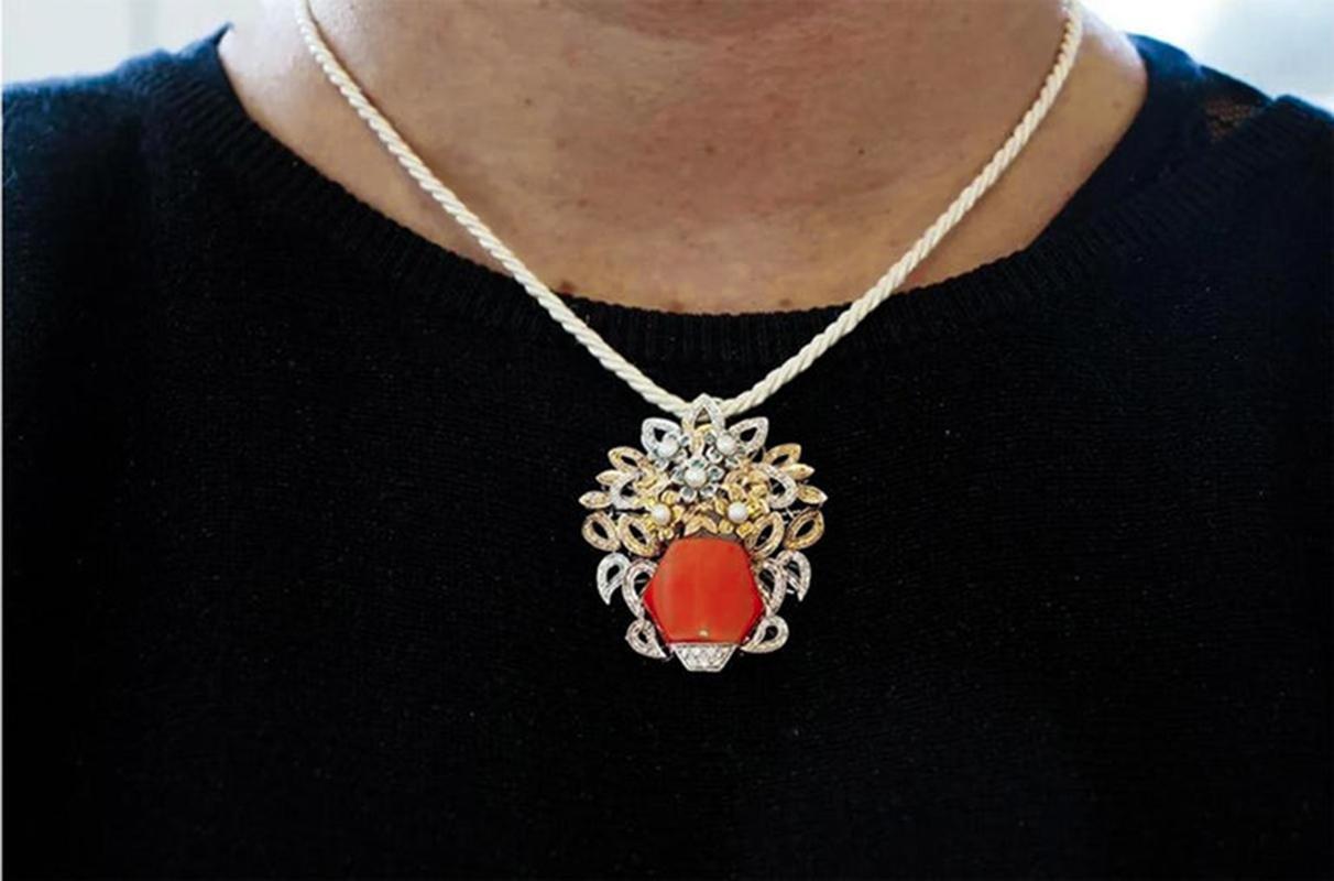Round Cut Handcrafted 14Kt White and Rose Gold Coral Diamonds Pearls Flower Basket Pendant For Sale