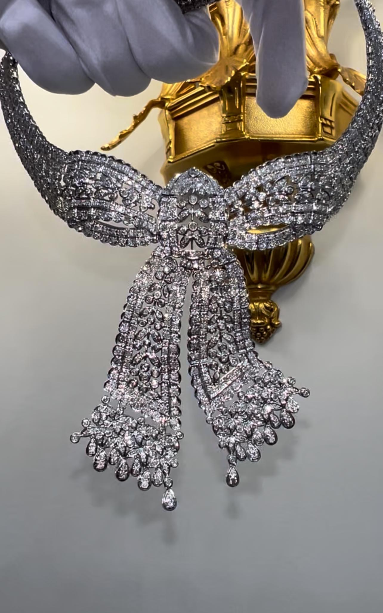 Collana con fiocco Art Deco Belle Époque da 15,00 carati realizzata a mano in oro bianco 18 carati in vendita 10